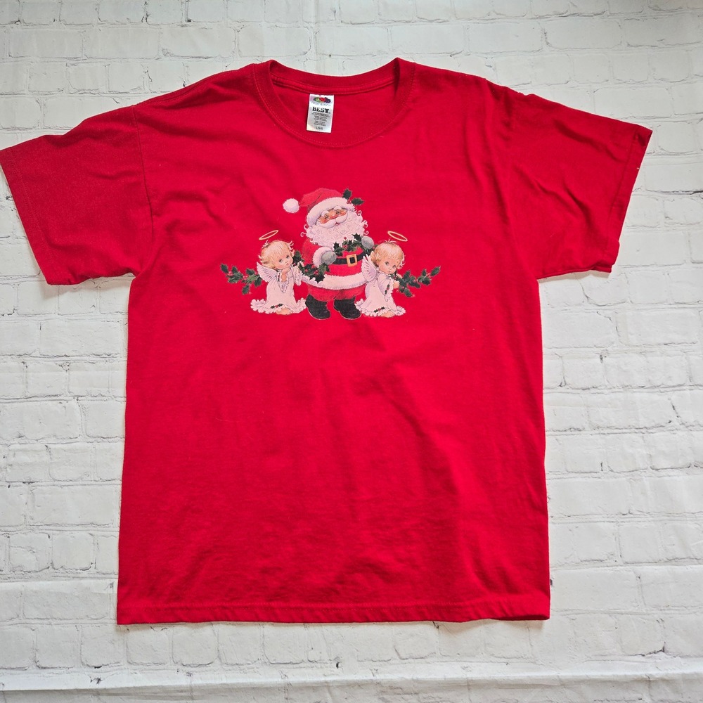 Vtg Fruit of the Loomt Red Christmas T-Shirt Santa cherub Graphic Lg cottagecore